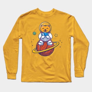 Cute Cat Astronaut Sitting On Planet Cartoon Long Sleeve T-Shirt